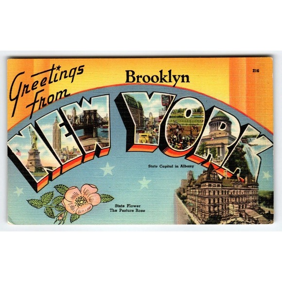 Greetings From Brooklyn New York Large Letter Linen Postcard NY Unused Vintage - Picture 1 of 2